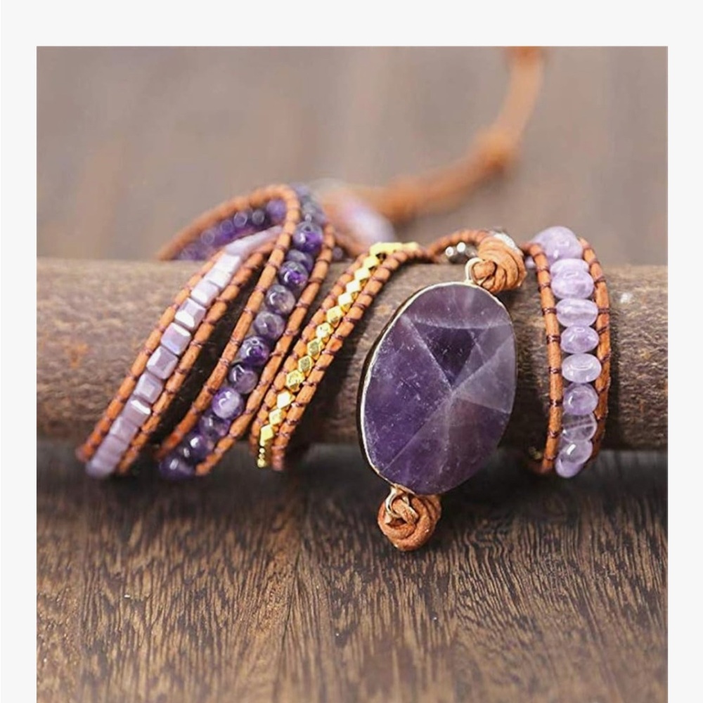 CLEARANCE Boho Handmade Wrap Leather Tube Crystal Stone Bracelet Amethyst stone. - Picture 2 of 8